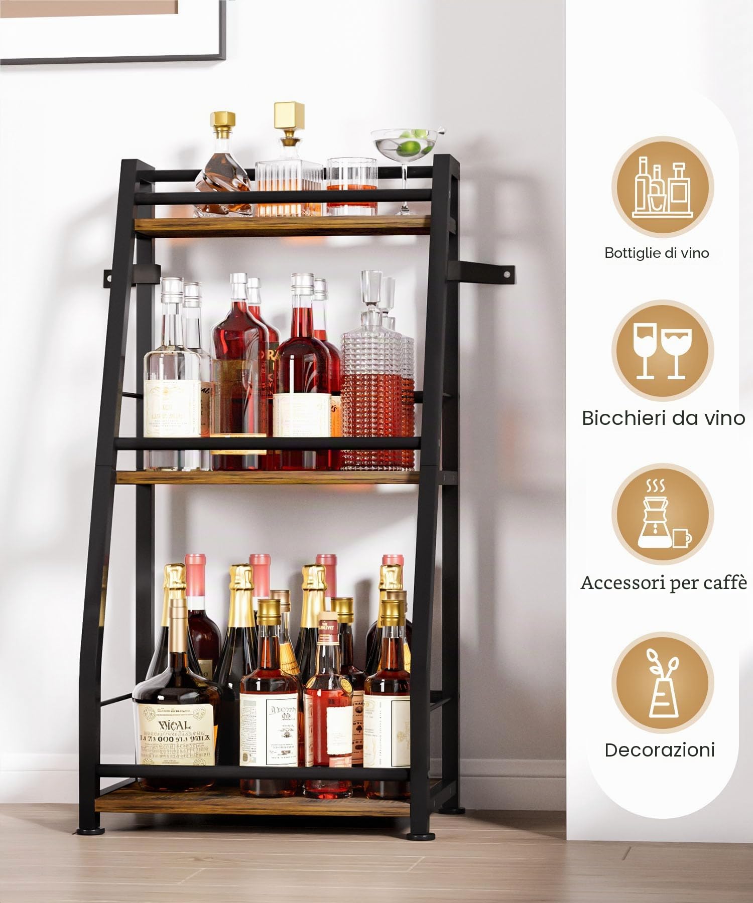 Yorbay Portabottiglie da Terra a 3 Ripiani: Moderno Porta Bottiglie in Metallo e Legno per Vino e Bicchieri da Vino - Portabottiglie Trapezoidale con Ringhiera per Bar Cucina Sala da pranzo
