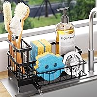 Consumest Kitchen Sink Sponge Holder - 360° Auto Draining Caddy with Detachable Rack, High Brush Holder, Black Countertop Organizer