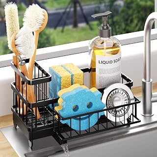 Consumest Kitchen Sink Sponge Holder - 360° Auto Draining Caddy with Detachable Rack, High Brush Holder, Black Countertop Organizer