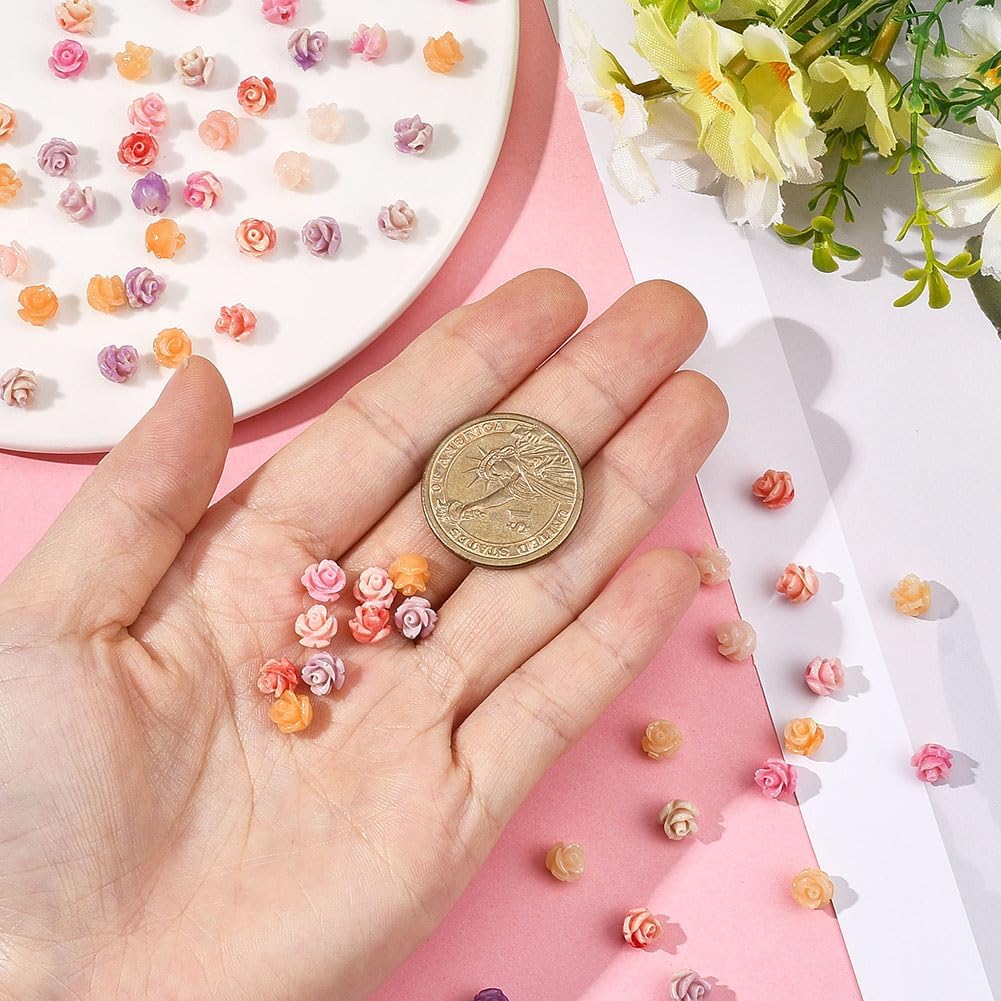 1 Box 100Pcs Carved Rose Beads 3D Flower Beads Colorful Assorted Floral Dyed Synthetic Coral Small Craft Smooth Loose Spacers for Jewelry Making Bracelets Necklaces DIY Crafts Accessories