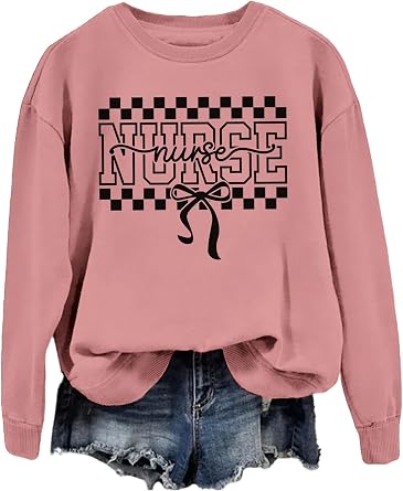 SAUIVD Nurse Checkered Bows Sweatshirt for Women Funny Nursing Shirt Nurse Appreciation Gifts Long Sleeve Pullover Tops