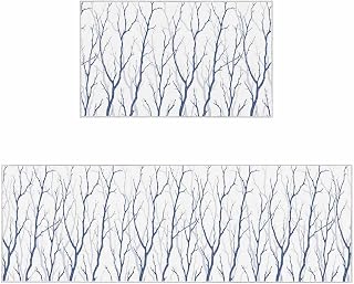 Navy Blue Branches Kitchen Rugs Set of 2, Modern Abstract Art Forest Silhouettes Washable Bath Shower Door Welcome Runner Rug Mat Carpet for Bedroom Bathroom Throw Desk Rug, 20"x 32"+ 20"x 47"