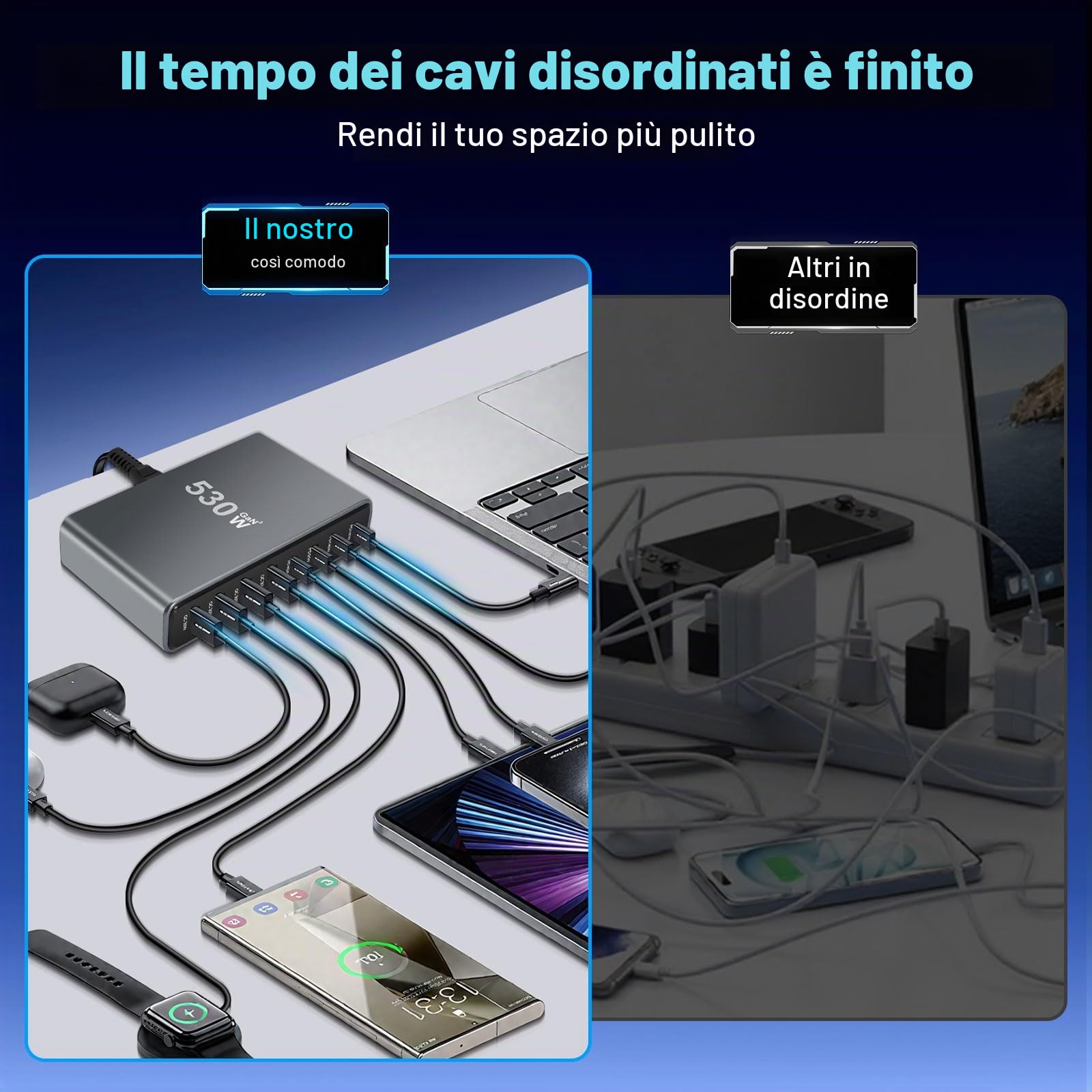 Caricatore USB C da 530 W, multiplo con 8 porte, GaN III, USB, multiplo con 4 x USB-C e 4 x USB-A, PD140 W, 65 W, 30 W Power Delivery stazione di ricarica USB C per MacBook Pro/Air, iPhone, iPad