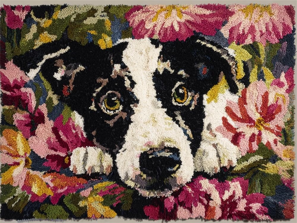 FWRTYCB Latch Hook Rug Kits,Dog and Flowers Pattern 20X15Inch