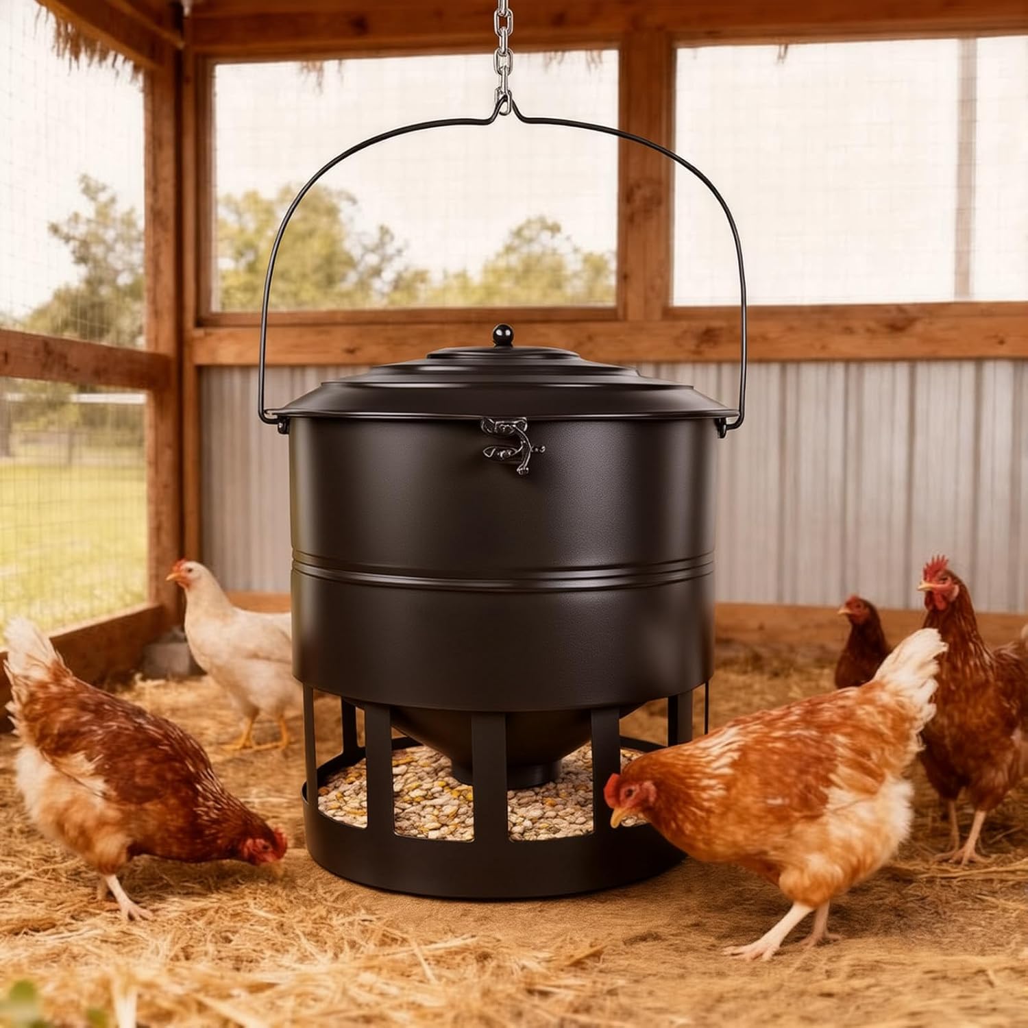 Metal Hanging Chicken Feeder No Waste, Rain-Proof Automatic Chicken Feeders, No-Spill Poultry Feeder, Rat Proof Gravity Chicken Feeder with 12 Ports for Farm & Backyard Chicken Coop