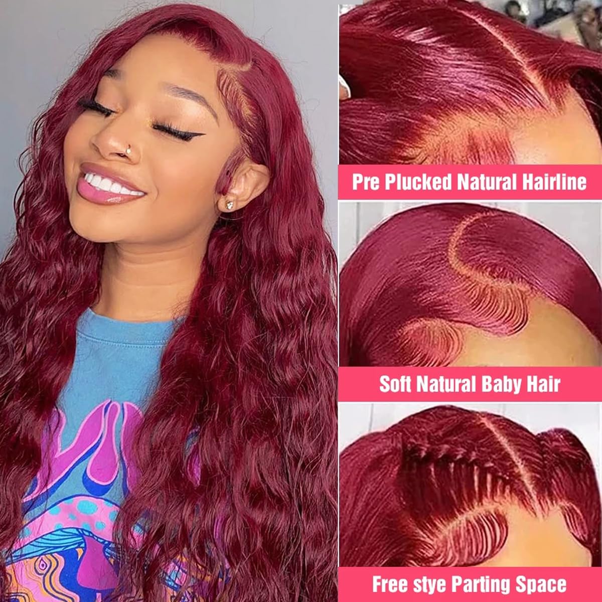 200% Density Deep Wave 99J Burgundy Lace Front Wigs Human Hair 13x4 HD Transparent Lace Frontal Wigs Pre Plucked Curly Human Wigs For Women 24 Inch