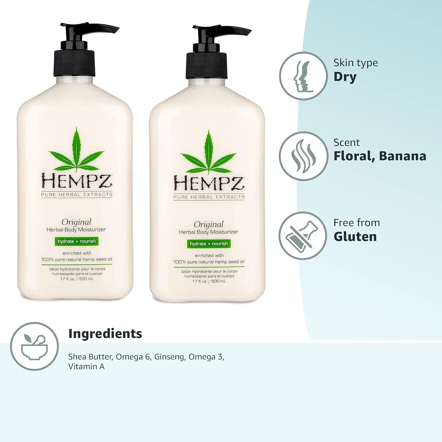 Hempz Original, Natural Hemp Seed Oil Body Moisturizer with Shea Butter & Ginseng, Pure Herbal Skin Lotion for Dryness, Nourishing Vegan Cream, Floral and Banana, 17 Fl Oz, 4 Pack