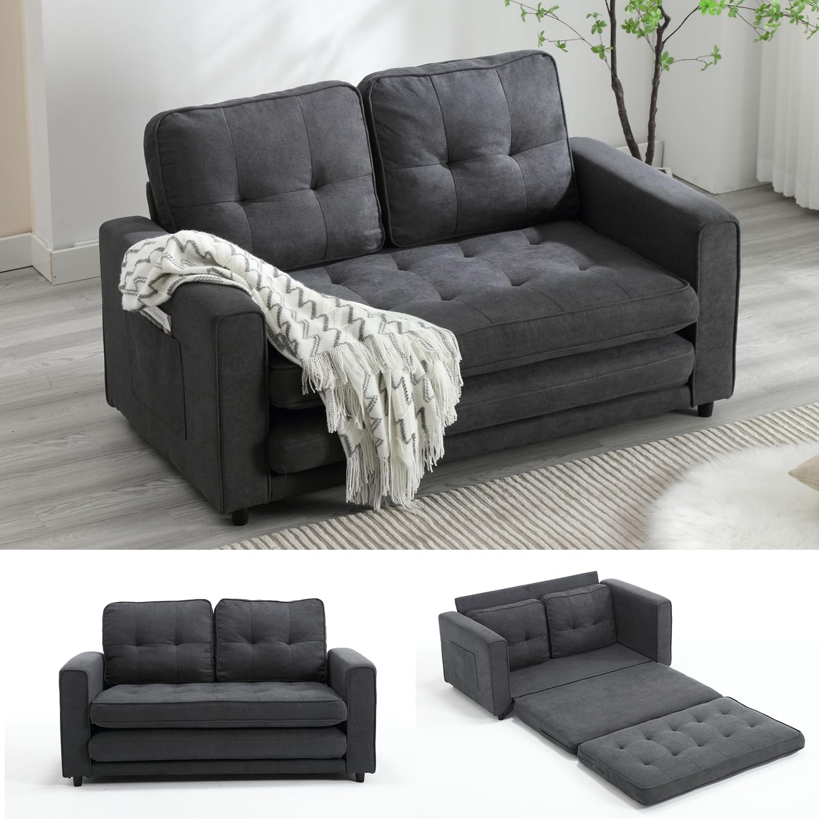 PULLAFUN 3 Fold Sofa, Convertible Futon Couch Sleeper Sofabed, Space Saving loveseat, Pull Out Couch Bed for Living Room, Dark Gray, Velvet Linen Fabric