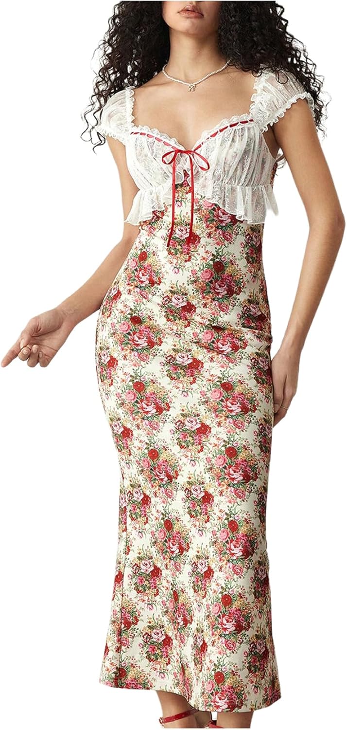 GORGLITTER Women's Lace Floral Tea Party Vintage Maxi Dress Summer Graduation Cocktail Wedding Guest Fishtail Sundress - Image 4