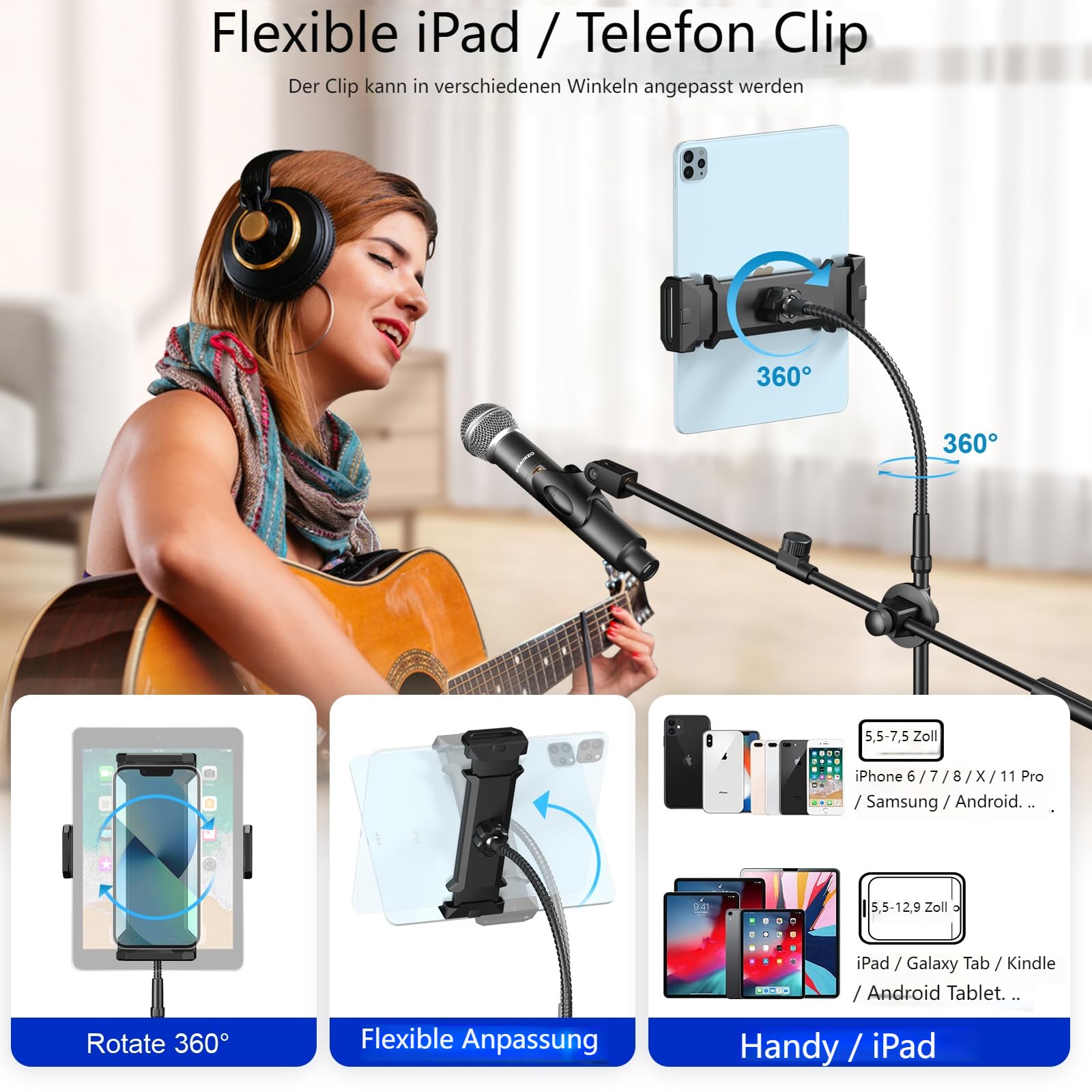 Supporto Microfono 6-in-1 Con Asta, Collo D'Oca, Clip E Supporto Per Tablet/Telefono – Altezza Regolabile 63-167 Cm, Portatile
