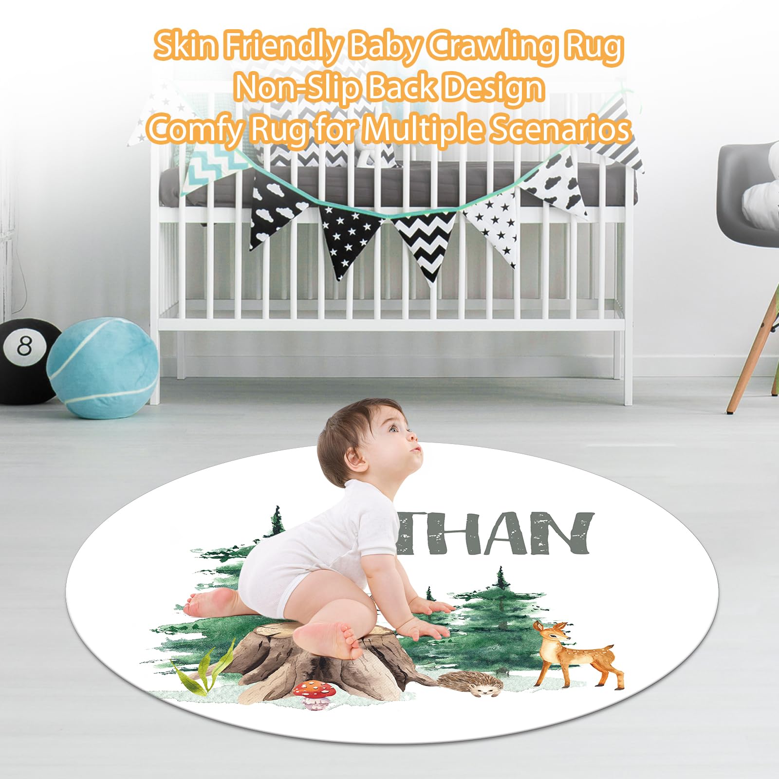 Individuelles Baby-Bettwäsche-Set – 5-teiliges Kinderzimmer-Bettwäsche-Set mit Waldtier-Design, personalisierte Namensdecke mit gepunkteter Rückseite, Kinderbettlaken, Wickelunterlage, Kissenbezug,