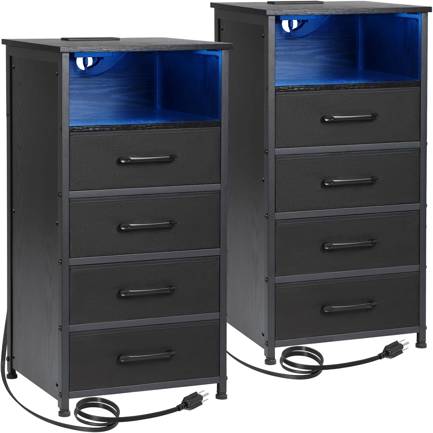 Night Stand, Tall Nightstand Set of 2 with Charging Station, Black Dresser for Bedroom with 4 Drawers, LED End Tables with USB Ports and Outlets, Bedside Table with Storage Bins, HNS034BK