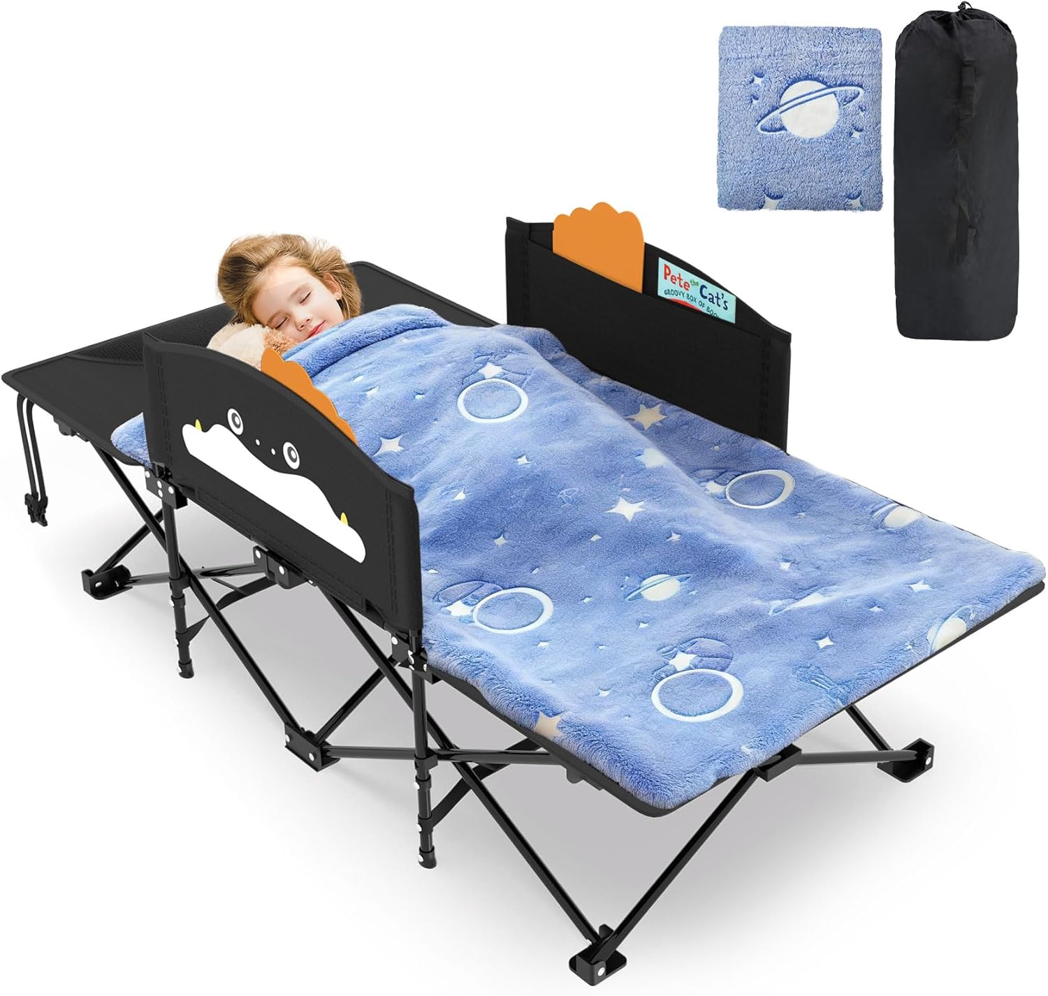 Slendor Toddle Cot, Toddler Portable Bed w/Cartoon Handrail, Blanket (5ft x 4ft), Folding Toddler Cots for Camping, Travel Bed, Extra Long Cot Length 56", Support 330 Lbs, Gray