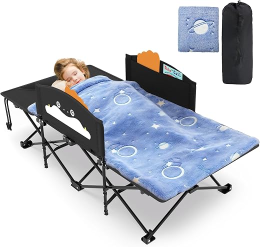 Slendor Kids Cot, Toddler Portable Bed w/Cartoon Handrail, Blanket (5ft x 4ft), Folding Toddler Cots for Sleeping, Kids Tr...