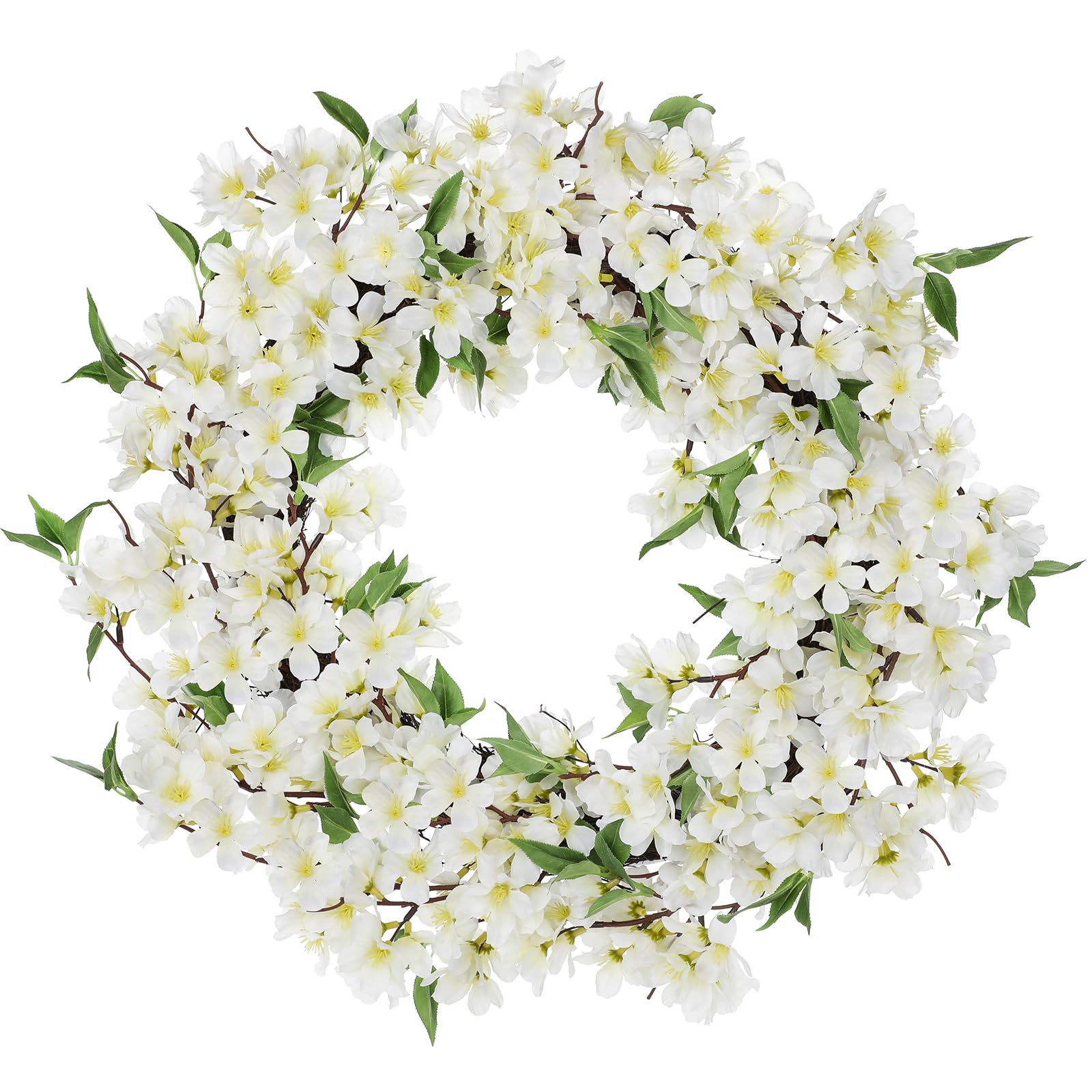 Hollyone 20inch/51cm Artificial Cherry Blossom Wreath for Front Door, Spring Floral Wreath White Fake Flower Decorations for Mantle, Window, Wall, Farmhouse