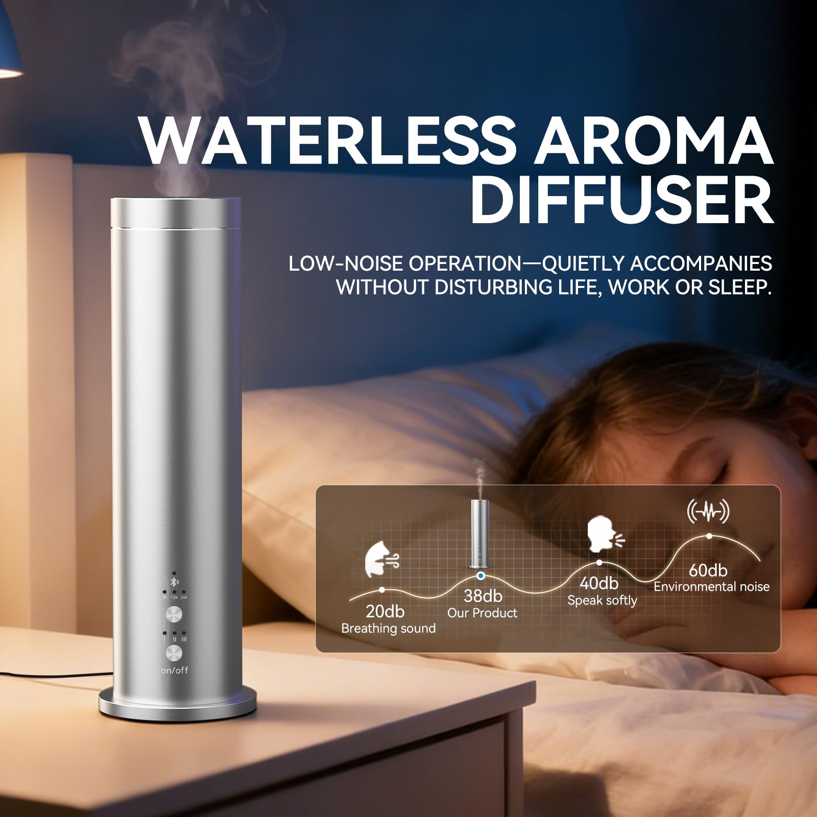 Wasserloser Diffusor für ätherisches Öl mit Bluetooth – 100 ml Kaltluft-Duftdiffusor, 6 Aromatherapie-Öle & Fernbedienung – Tragbarer Aromatherapie-Diffusor für Zuhause, Büro & Spa – Silber