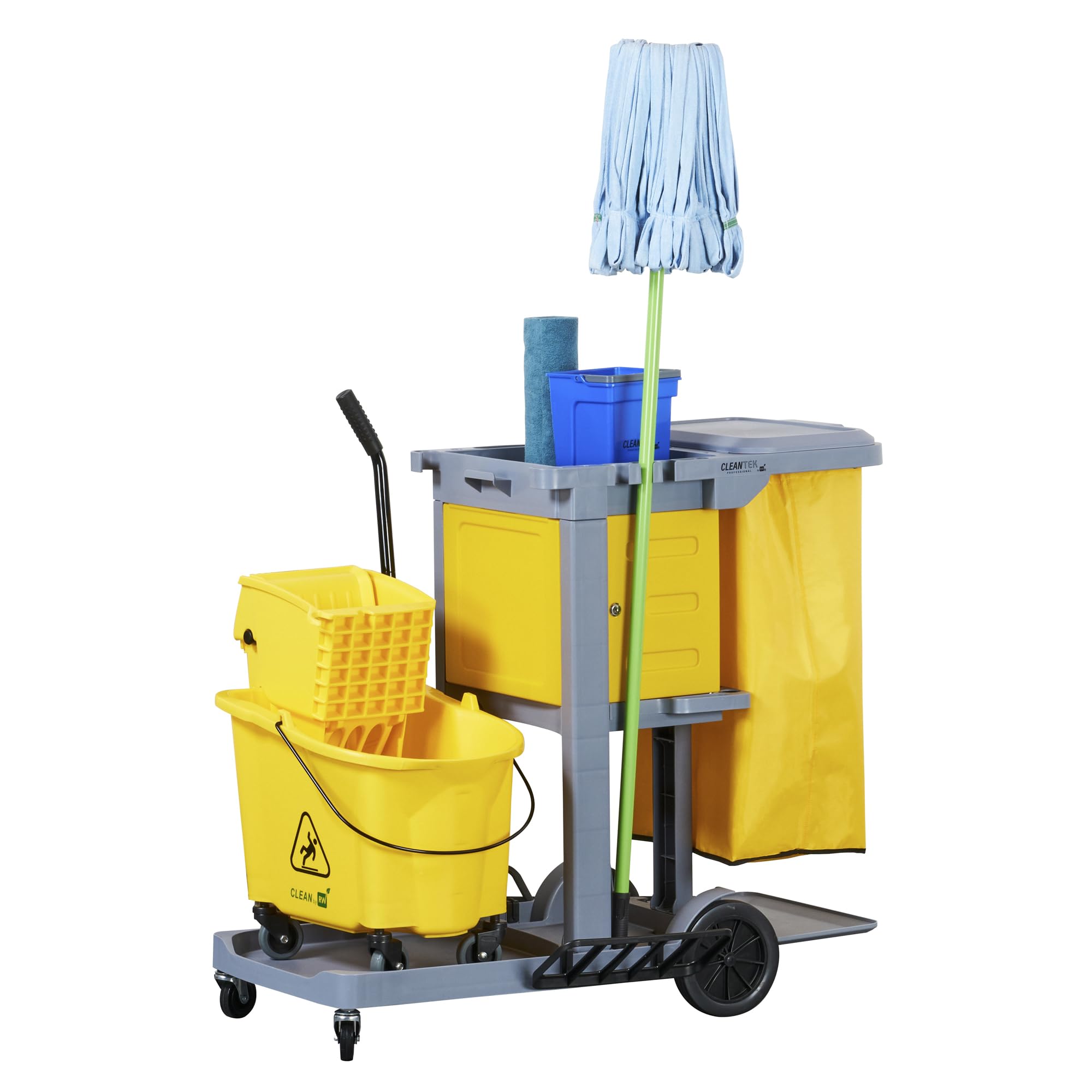 Restaurantware-Clean Tek Professional 3-Shelf Janitor Cart with Wheels, 1 Cleaning Trolley with Cover and 18 Gallon Bag - Includes 1 Locking Cabinet,