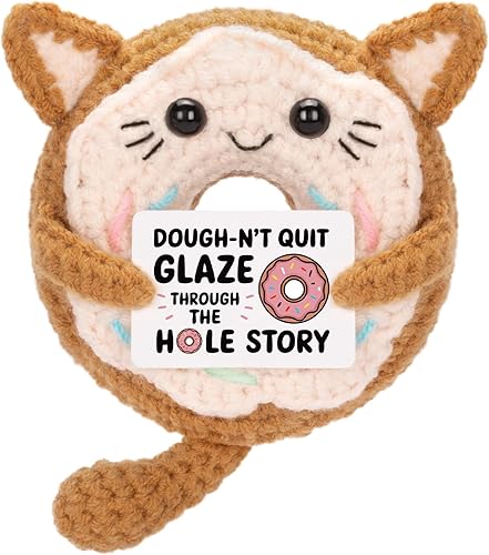 A AIFAMY Funny Positive Coffee, Emotional Crochet Doll, Cute Crochet Potato Partner Toy with Positive Card Cheer Up Funny Gag Gifts for Best Friend Birthday Women Teacher Fall（Doughnut Cat