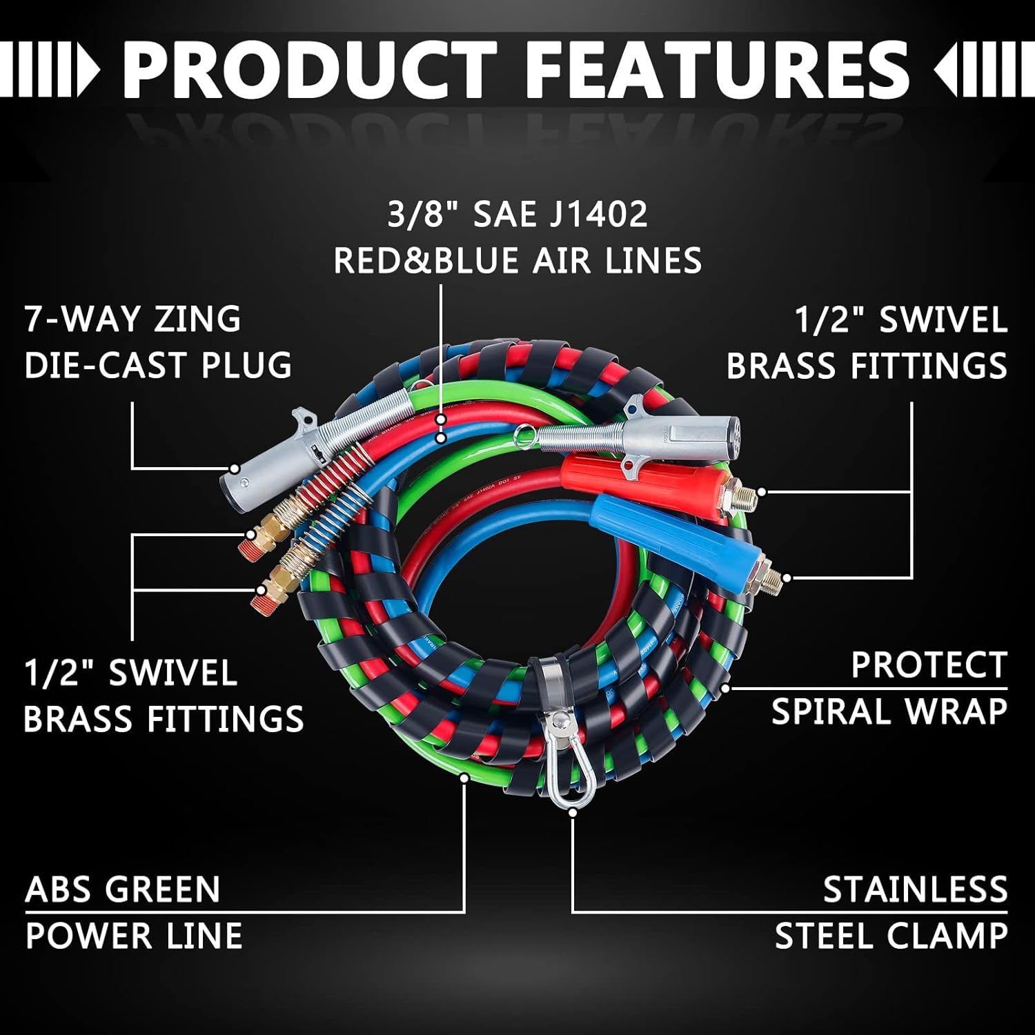 CheeMuii Semi Truck Air Lines Kit 12 FT 3 in 1 ABS Power Air Line Air Hoses with Gladhands and Tender Spring Kit for Semi Truck Tractor Trailer