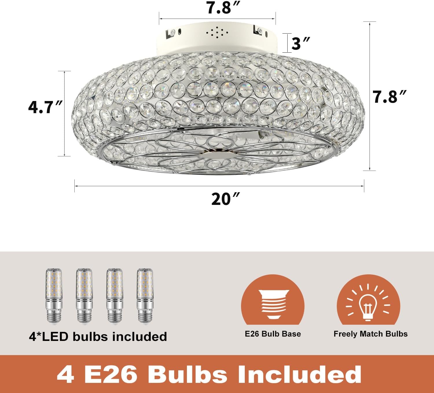 Caged Crystal Ceiling Fans with Lights and Remote,20" Flush Mount Low Profile Ceiling Fan with Light,6 Speed Enclosed Ceiling Fan with Reversible Motor for Bedroom Kitchen Living Room