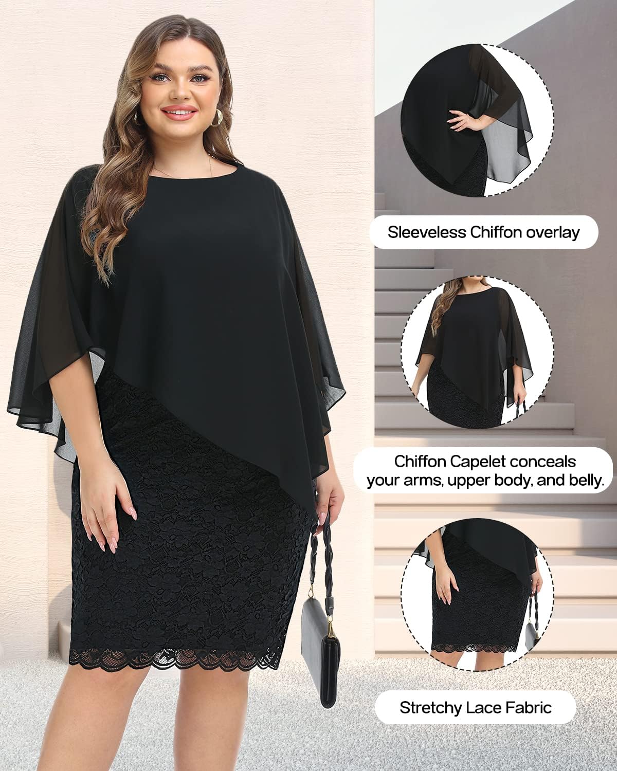 Plus Size Dresses Wedding Guest - Mother Bride Semi Formal Lace Cape with Chiffon Overlay Dresses - Image 5