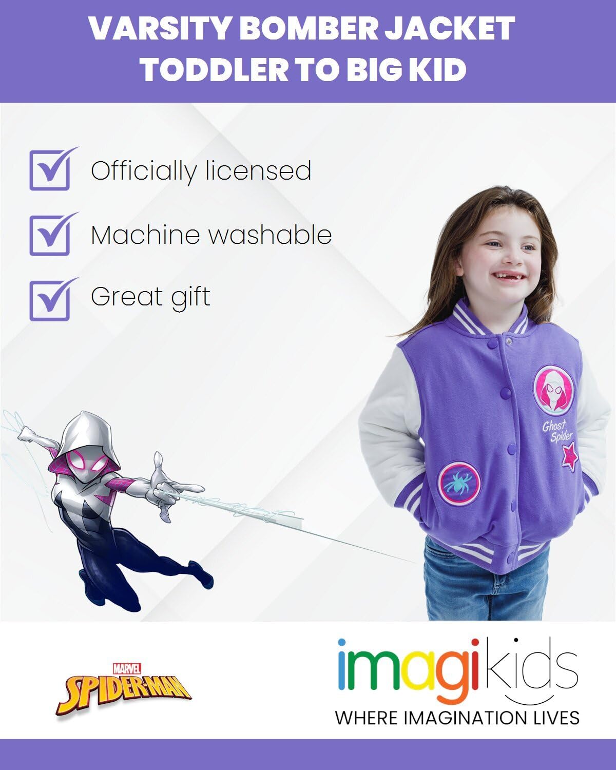 Marvel Kurtka Bomber Dziewczynki Marvel Spider-Man Spider-Gwen Girls Varsity Bomber Jacket Toddler to Big Kid
