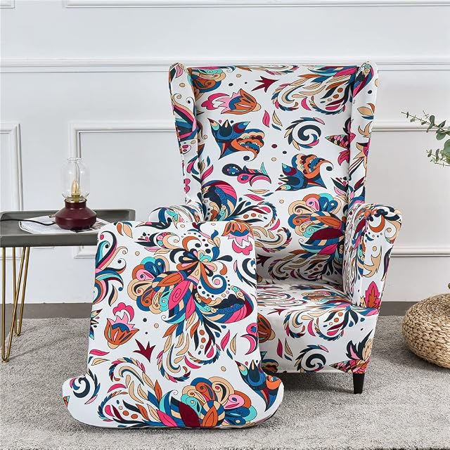 Highdi Wingback Chair Covers 2 Piece Stretch Wing Chair Slipcover, Washable Spandex Fabric Sofa Cover Furniture Protector for Armchair Chairs Living Room Bedroom Hotel (Blooming flowers)