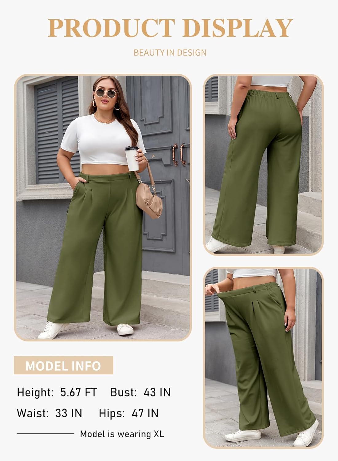 Eytino Womens Plus Size Wide Leg Dress Pants Elastic High Waisted Casual Waffle Palazzo Pants Trousers with Pockets(1X-5X) - Image 3