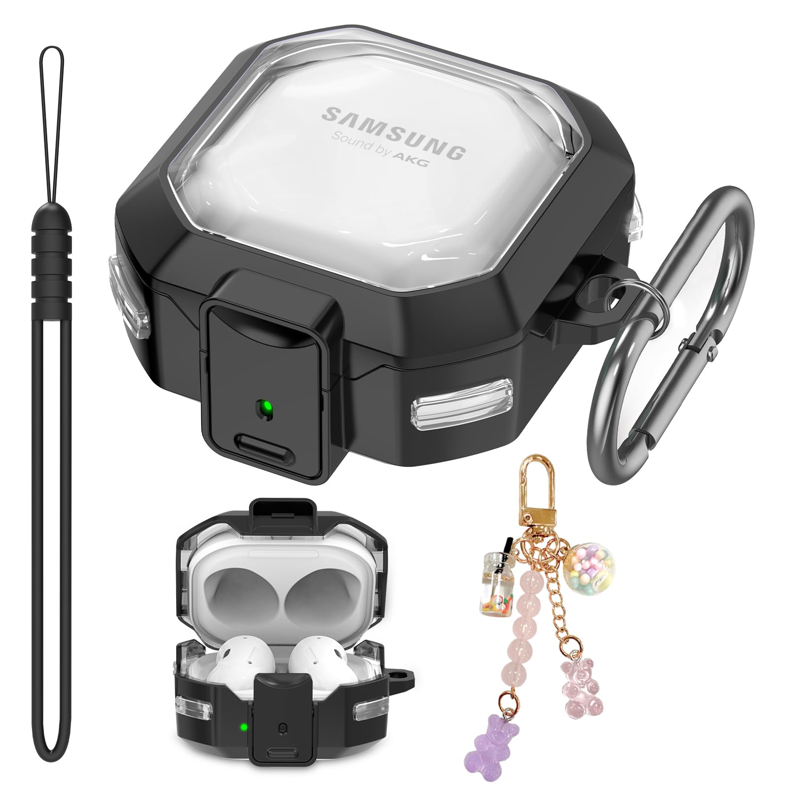Secure Lock Clear Case for Samsung Galaxy Buds 2 Pro/Galaxy Buds 2/Galaxy Buds Pro/Galaxy Buds Live, TPU Hard Shell Galaxy Buds Live Case with Lanyard & Cute Candy Keychain for Women (Black)