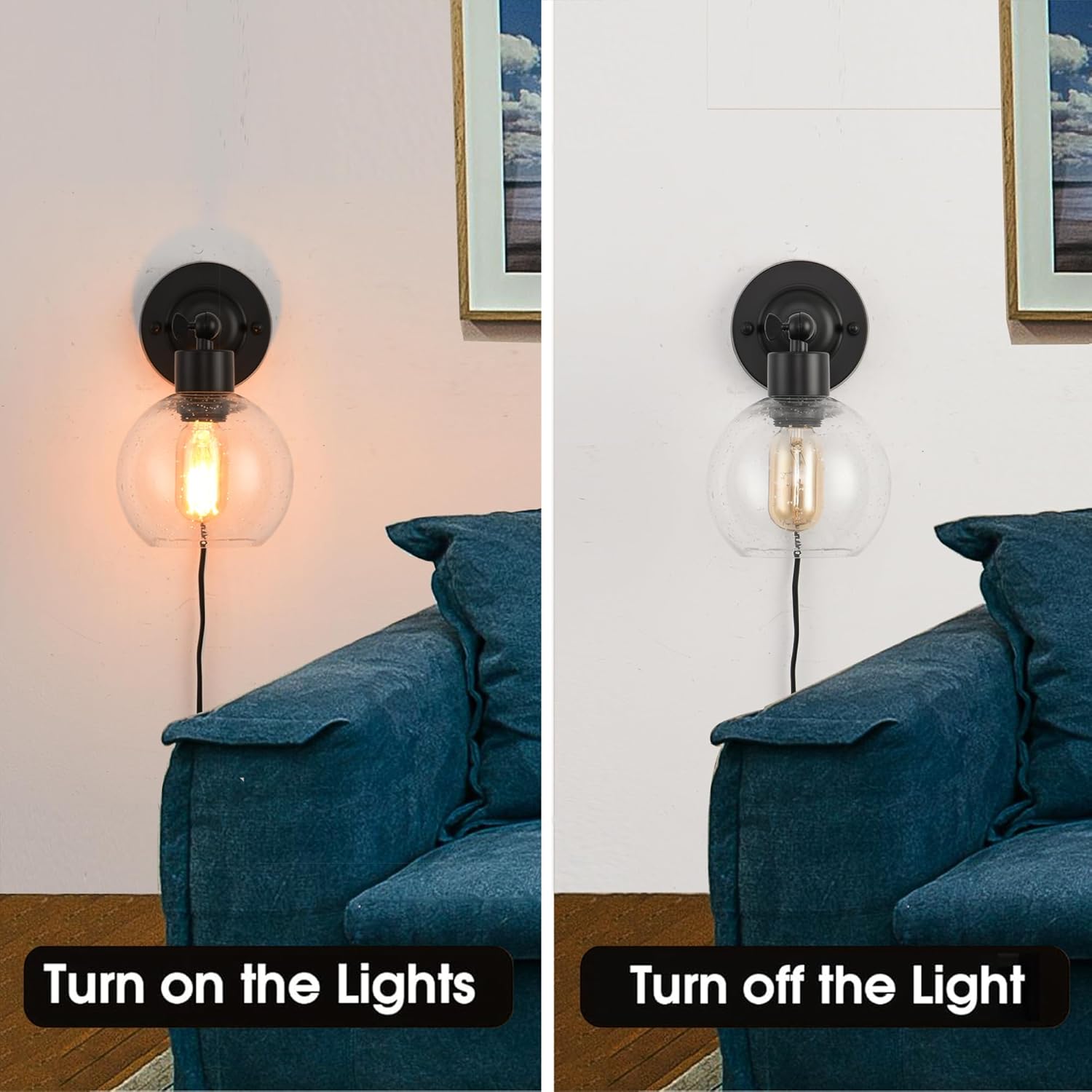 Black Glass Plug in Wall Sconces Set of 2, Dimmable Glass Globe Bedroom Wall Lights with Cord and Switch, 180°Adjustable Black Bedside Wall Mount Sconce Lighting for Living Room Mirror