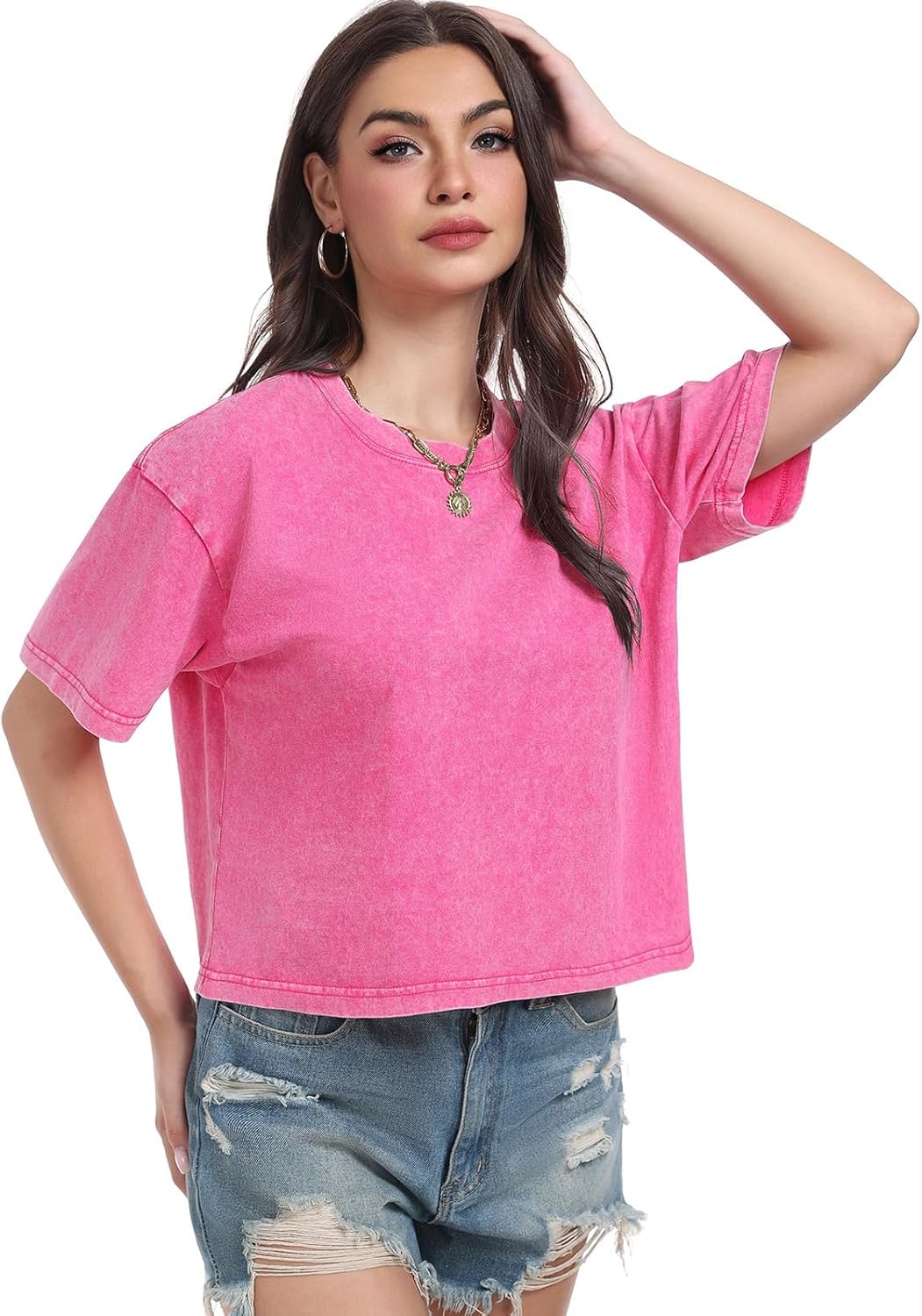 Womens Crop Tops Acid Wash Short Sleeve T-Shirts Casual Round Neck Basic Tees Baggy Summer Shirts - Image 6