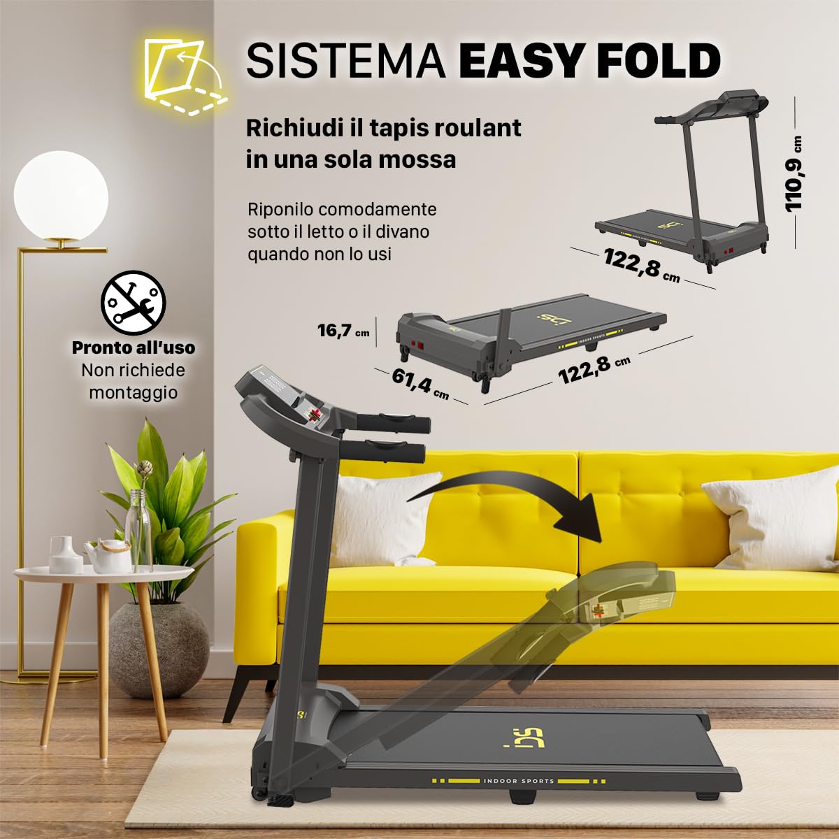 IDS W6 Tapis Roulant Elettrico Salvaspazio, CORSA + NORDIC WALKING, Brand ITALIANO, Super Slim 11,5 CM, 8 km/h, 6 Programmi, Telecomando da polso, Garanzia e Assistenza ITALIA