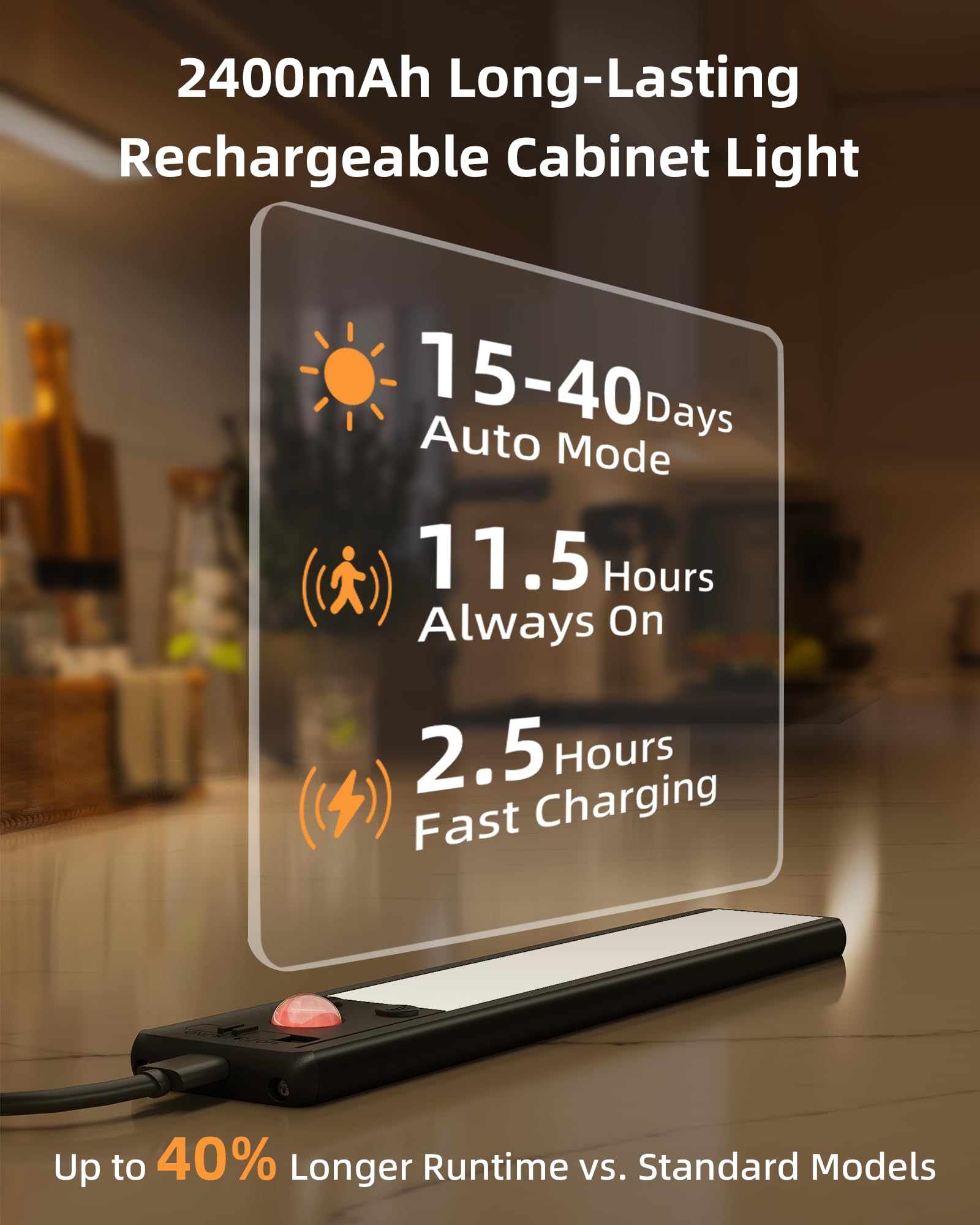 EZVALO Oświetlenie szafki LED 20 cm, 62 diody LED, bezprzewodowe, z czujnikiem ruchu, 2400 mAh, ładowane, 3 tryby kolorów, możliwość ściemniania, oświetlenie szafy, kuchni, czarne (2 sztuki)