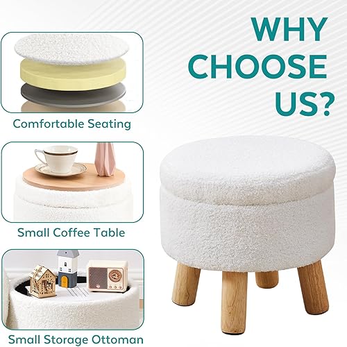 Miniatura 4 de Otomana Pequeña con Almacenamiento, Otomana de Almacenamiento Pequeña Redonda, Taburete de Pies de Sherpa con Patas, Otomanas y Reposapiés para Sala