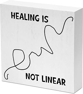 Inspirational Office Desk Decor Wooden Box Sign(5"x5") - Mental Health Positive Quote Table Sign For Social Worker Therapist Counseling Office-Healing Is Not Linear (TongMu-26)