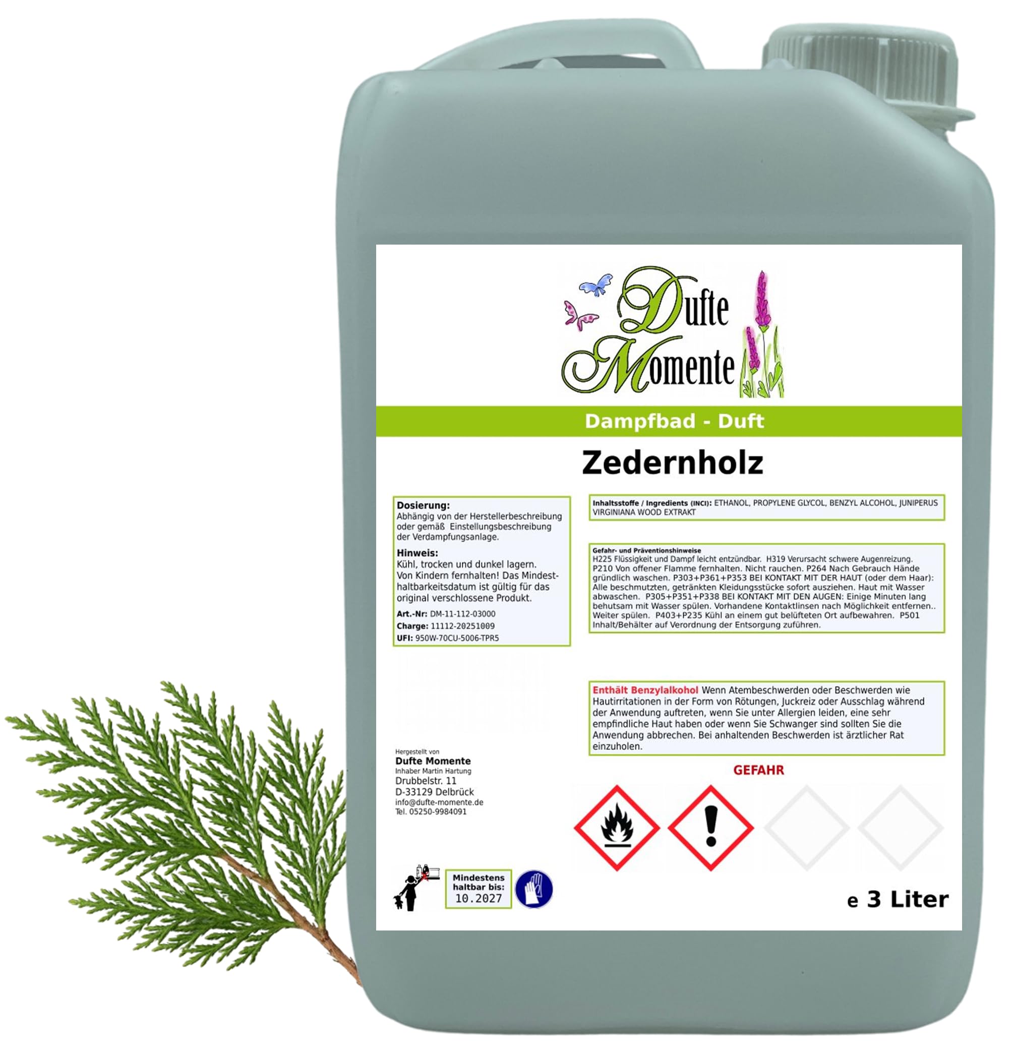 Dufte Momente Dampfbad Duftkonzentrat Zedernholz 3 Liter – edel-holziger Wellnessduft mit ätherischem Zedernholzöl – für Dampfbäder, Verdampferanlagen & Dampfduschen – vegan, Made in Germany