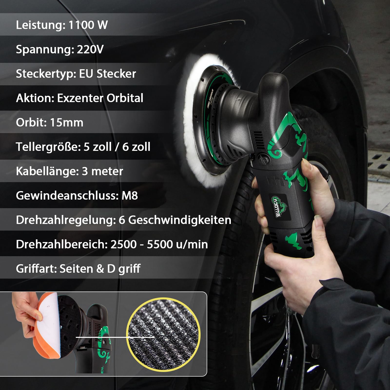 BATOCA 2026 T1 Exzenter Poliermaschine Orbital 15mm,1100W Polier Set | 125mm/150mm Rückwand Poliergerät,Schleifer,Puffer Wachsmaschine,2500-5500RPM,Autolackpflege Reparatur von Lackkratzern