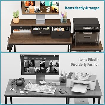 WOHOMO 120cm Computer Desk with 3 Drawers, Printer Shelf and Monitor Stand | Walnut Wooden Brown Home Office Desk with Reversible Storage Shelves and 2 Hooks, Workstation for PC Study Writing Gaming