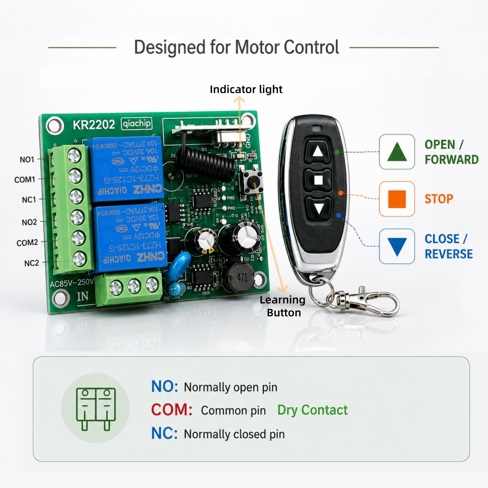 QIACHIP Interruptor de control remoto inalámbrico 220V,RF 433Mhz 10A 2CH Receptor de relé y 2 transmisores, para puerta de garaje, cortina eléctrica, luz KR2202