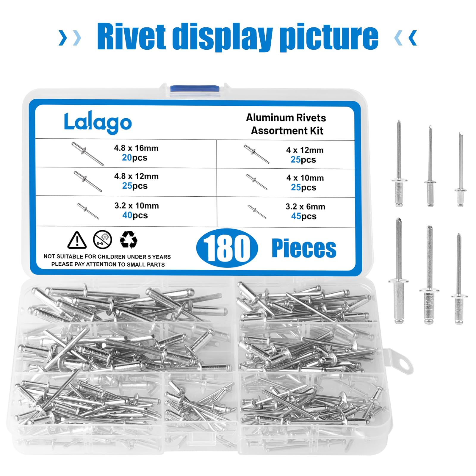 LALAGO Pinze per rivetti con 180 pezzi di rivetti ciechi, adattatore per rivetti per trapano avvitatore a batteria, adattatore elettrico per rivetti ciechi, kit di adattatori con 6 misure Pop rivetti