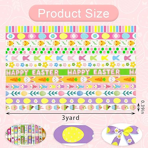 Miniatura 2 de 9 cintas de Pascua de 38 pulgadas, con palabras de Pascua, grogrén, decoración de 3 yardas, cinta de satén para primavera, primavera, conejos y