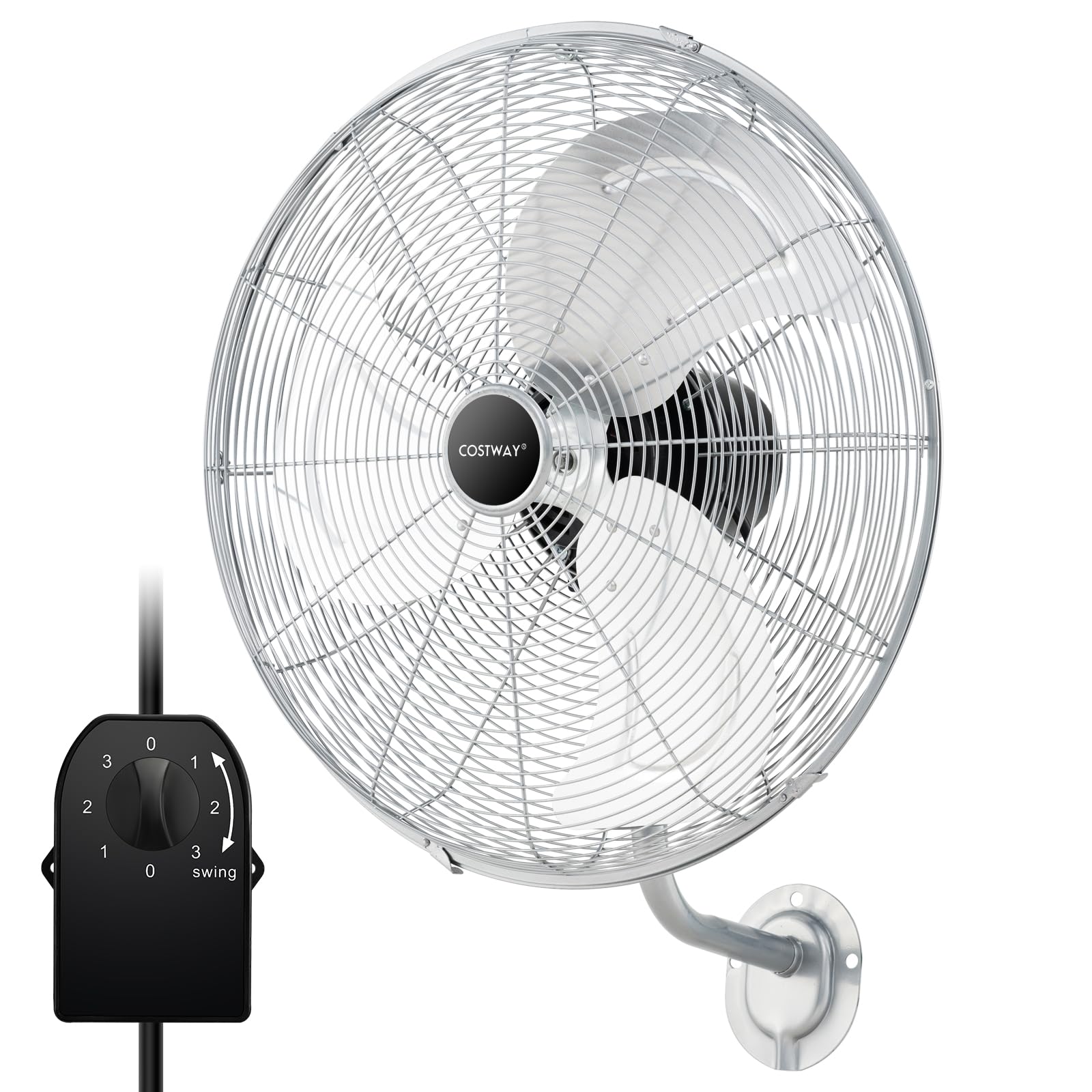 COSTWAY Ventilateur Mural Industriel Ø56 cm 120W 3 Vitesses, Ventilateur Domestique Pales en Aluminium Tête d'Inclinaison Réglable à 30° Oscillation à 85° pour Entrepôt Atelier (Argenté)
