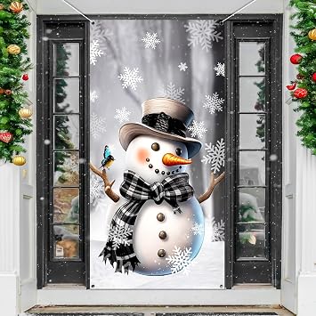 ssailue decor Christmas Door Banner Snowman Snowflake Front Door Decorations for Indoor Outdoor Winter Holiday Party Decor