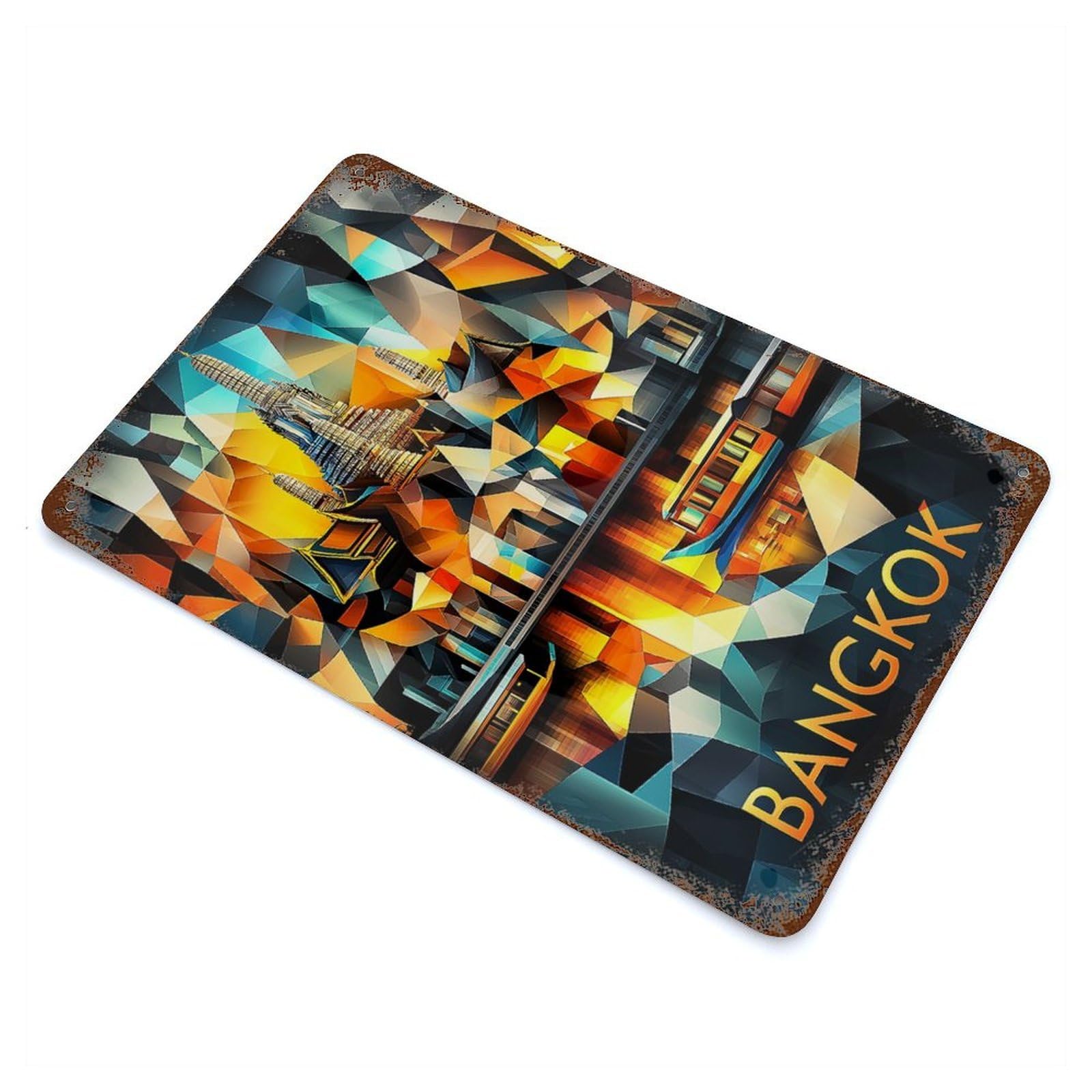 Rust Effect Bangkok Cubist Reflections – Modern Geometric Cityscape Weathered Tin Sign 11.8"x7.9", Classic Wall Plaque for Living Room, Hallway And Home Decor
