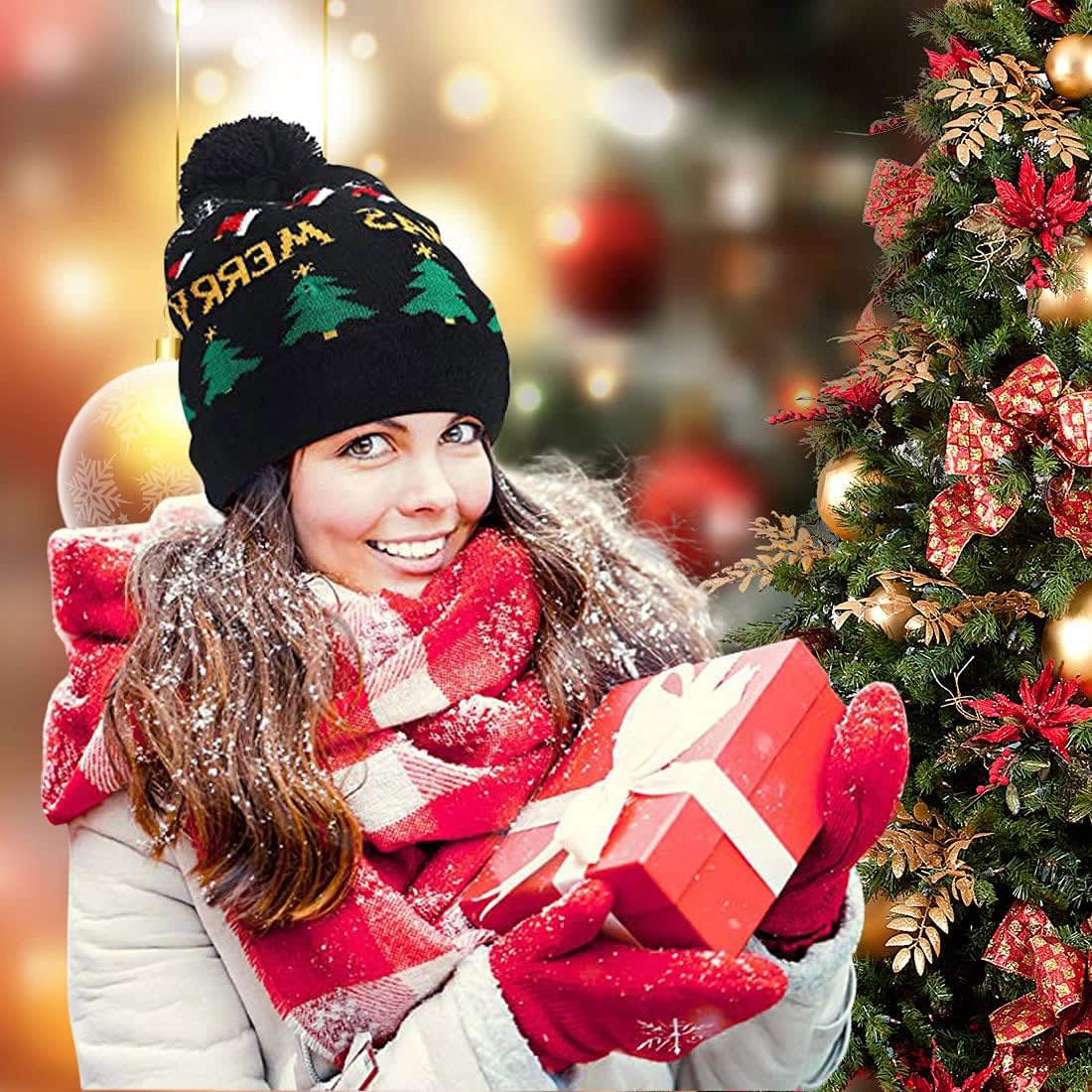 LED Christmas Hat Xmas Beanie Sweater Knitted Cap Unisex Light Up Beanie Hat Winter Knit Christmas Cap Hat for Kids Black,red - Image 7