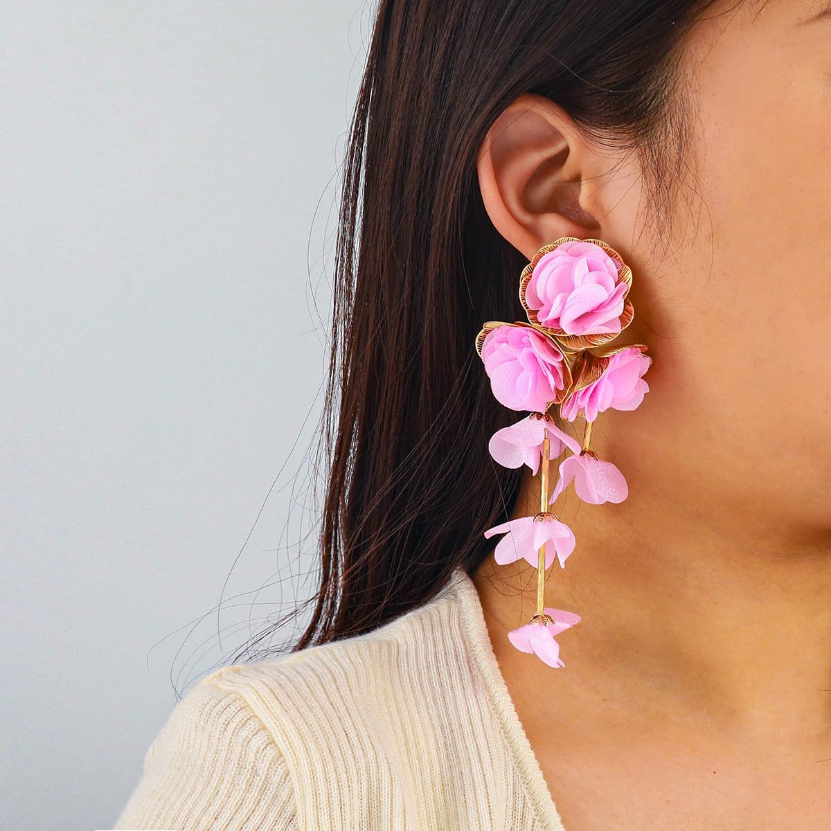 Fabric Flower Earrings for Women Colorful Long Tassel Floral Drop Earrings Fashion Boho Exaggerated Statement Beach Party Jewelry