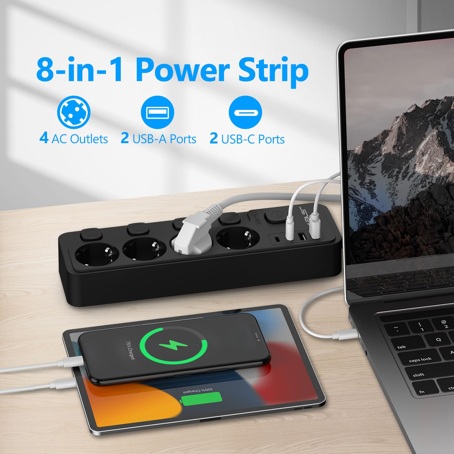 JSVER Regleta Enchufe USB de 4 Tomas con 4 Interruptor Individualcon, Regleta 4 USB Puertos(2 A,2 C) Alargadera Electrica para el hogar, la Oficina y los ViajesCable 2m-Negro — view 2