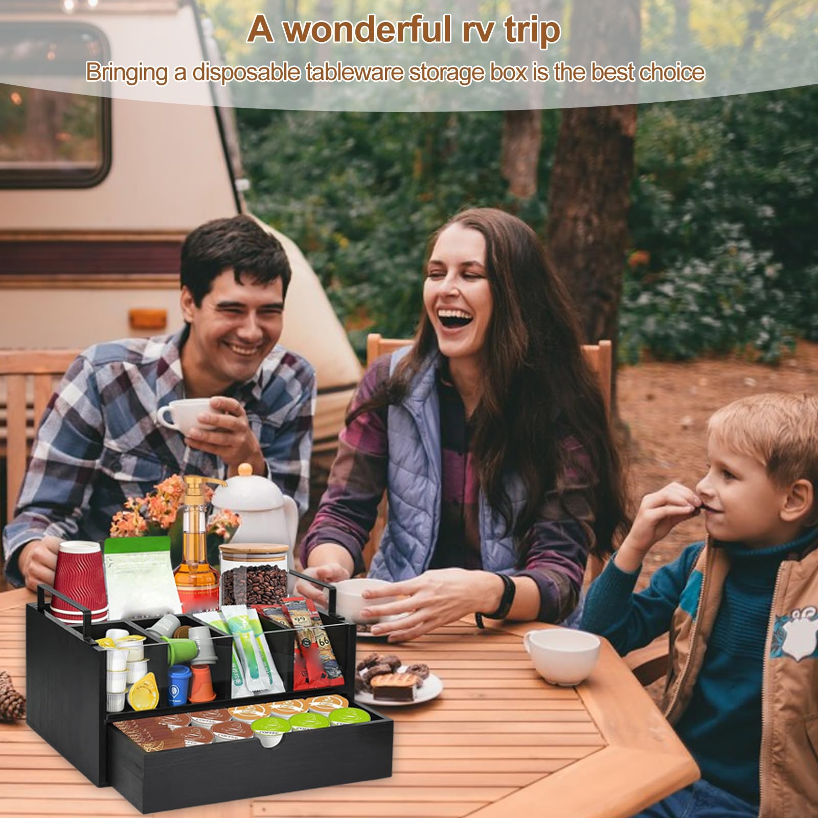 Organizador de Café y Té, Organizador de Barra de Café con 5 Compartimentos y 1 Cajón dispensador capsulas, Caja de Madera para Accesorios de Cafetera, Estación de Cafe de Escritorio (Negro)