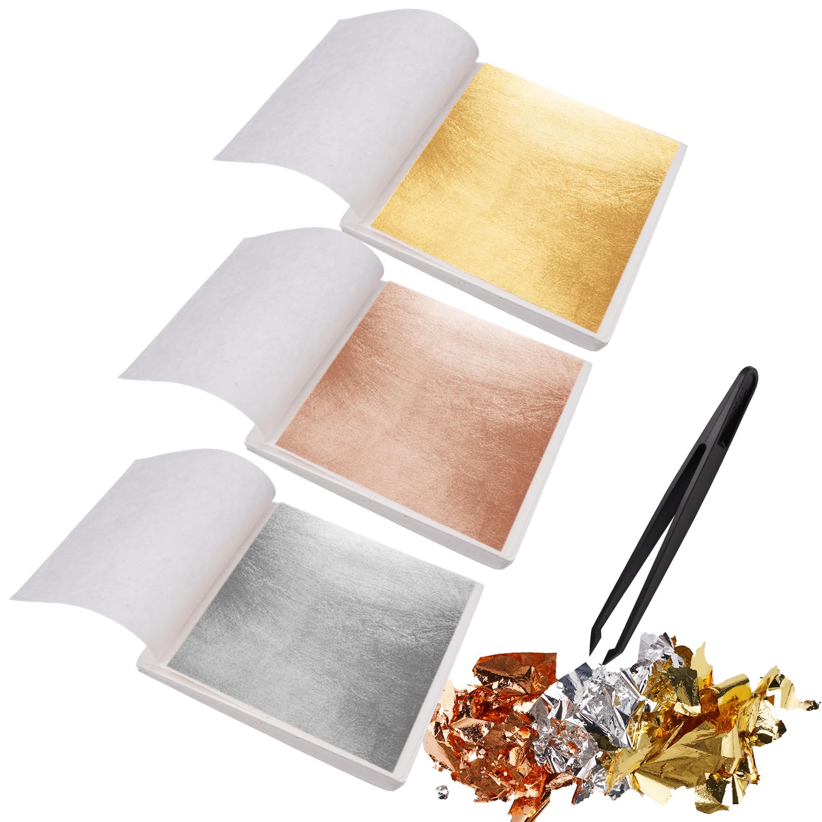 300 Hojas Pan de Oro Manualidades, 8,5 x 8 cm Pan de Oro de Imitación, Lámina Dorada para Dorado con Pinzas de Plástico, Papel de Plata y Oro Rosa para Arte de Uñas, Maquillaje, Proyectos de Artes