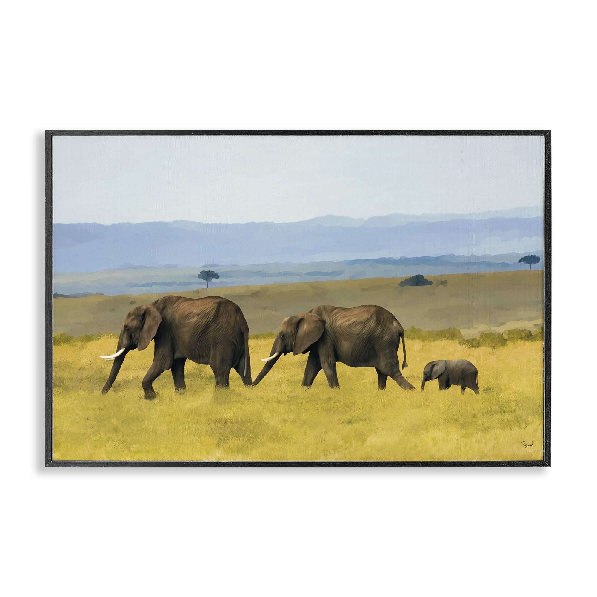 Stupell Industries Midnight Black (Textured) Elephants In The Grassland Safari, 16 X 24 Inch Framed Giclée Print